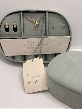 a new day Sage Green Suede Jewelry Organizer Case gold dipped earrings necklace